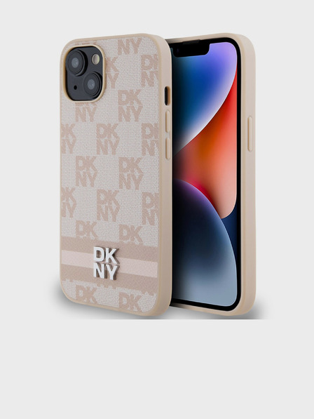 DKNY PU din piele Checkered Model și Stripe Back Cover pentru iPhone 14 roz DKNY