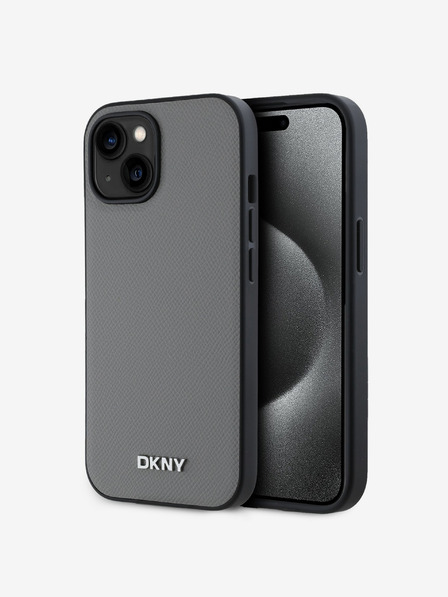 DKNY PU Leather Silver Metal Logo Magsafe Back Cover pentru iPhone 13 gri DKNY