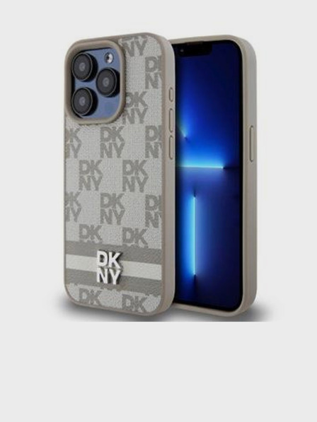 DKNY Husă spate din piele PU cu model în carouri și dungi pentru iPhone 15 Pro Max bej DKNY