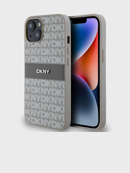 DKNY PU Leather Repeat Pattern Tonal Stripe Back Cover pentru iPhone 14 bej DKNY