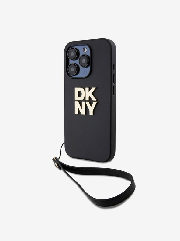 DKNY PU piele Stack Logo Wrist Strap Back Cover pentru iPhone 14 Pro Max negru DKNY