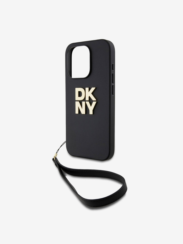 DKNY PU piele Stack Logo Wrist Strap Back Cover pentru iPhone 14 Pro Max negru DKNY