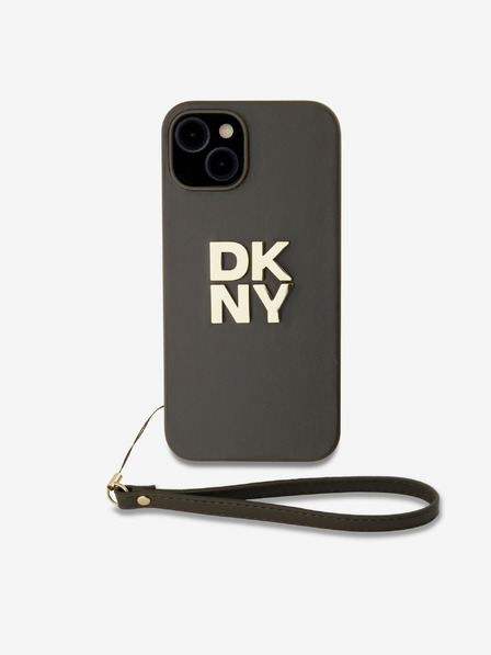 DKNY PU piele Stack Logo Wrist Strap Back Cover pentru iPhone 14 Brown DKNY