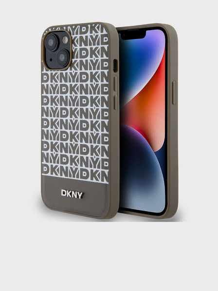 DKNY PU piele Repeat model de fund Stripe MagSafe Back Cover pentru iPhone 15 Brown DKNY