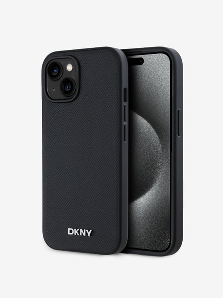 DKNY PU Leather Silver Metal Logo Magsafe Back Cover pentru iPhone 14 negru DKNY