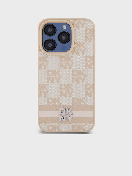 DKNY PU Leather Checkered Pattern și Stripe Back Cover pentru iPhone 15 Pro Pink DKNY