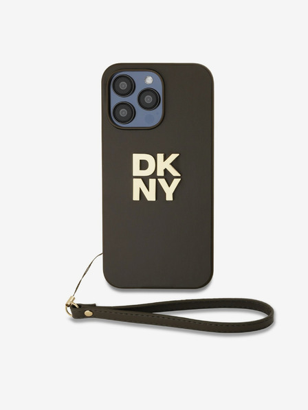 DKNY PU piele Stack Logo Wrist Strap Back Cover pentru iPhone 14 Pro Max Brown DKNY