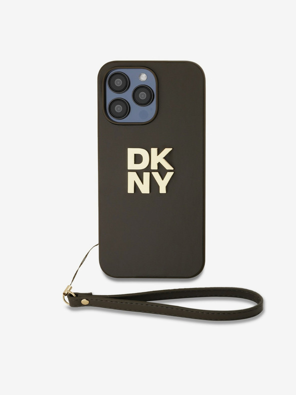 DKNY PU piele Stack Logo Wrist Strap Back Cover pentru iPhone 14 Pro Max Brown DKNY
