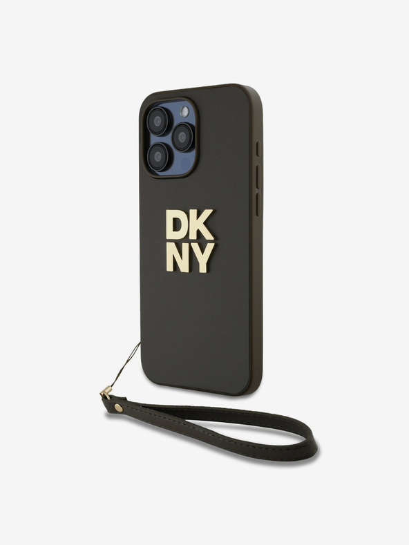 DKNY PU piele Stack Logo Wrist Strap Back Cover pentru iPhone 14 Pro Max Brown DKNY