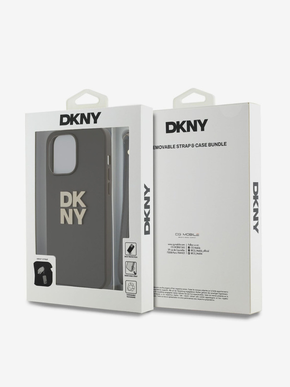 DKNY PU piele Stack Logo Wrist Strap Back Cover pentru iPhone 14 Pro Max Brown DKNY