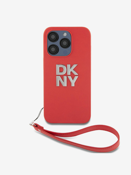 DKNY PU piele Stack Logo Wrist Strap Back Cover pentru iPhone 15 Pro Red DKNY