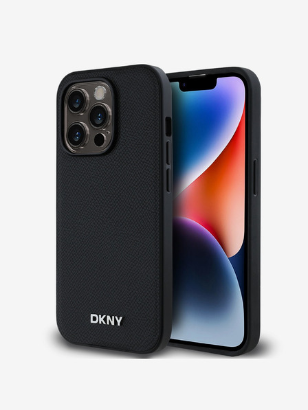 DKNY Piele PU Silver Metal Logo Magsafe Back Cover pentru iPhone 14 Pro negru DKNY