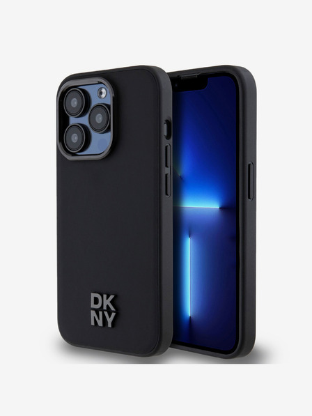 DKNY PU piele Stack Logo Magsafe Back Cover pentru iPhone 15 Pro Max negru DKNY