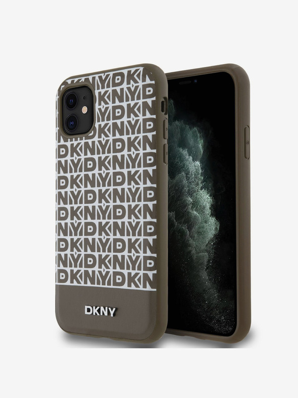 DKNY PU piele Repeat Pattern Bottom Stripe MagSafe Back Cover pentru iPhone 11 Brown DKNY