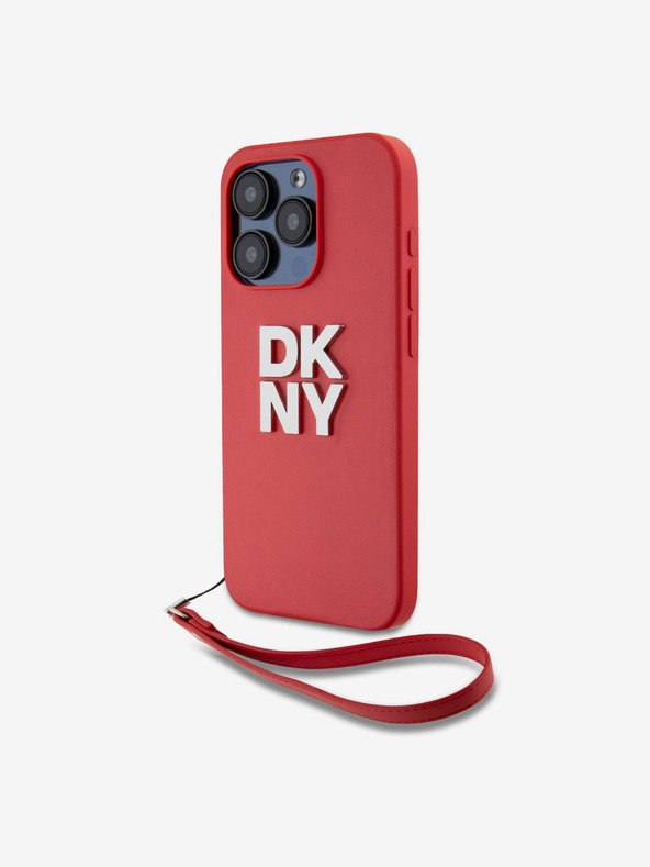 DKNY PU piele Stack Logo Wrist Strap Back Cover pentru iPhone 15 Pro Max Red DKNY