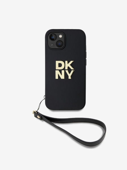 DKNY PU piele Stack Logo Wrist Strap Back Cover pentru iPhone 13 negru DKNY