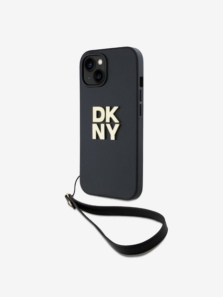 DKNY PU piele Stack Logo Wrist Strap Back Cover pentru iPhone 13 negru DKNY