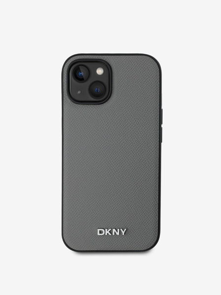 DKNY PU Leather Silver Metal Logo Magsafe Back Cover pentru iPhone 14 gri DKNY