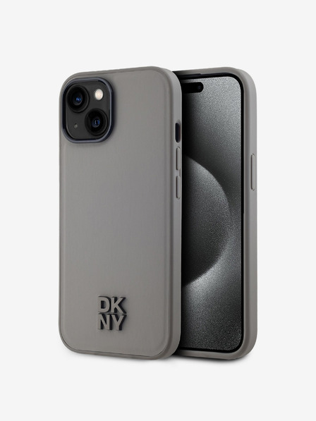 DKNY PU piele Stack Logo Magsafe Back Cover pentru iPhone 15 gri DKNY