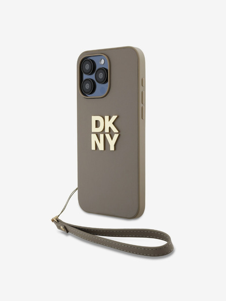 DKNY PU piele Stack Logo Wrist Strap Back Cover pentru iPhone 14 Pro Max bej DKNY