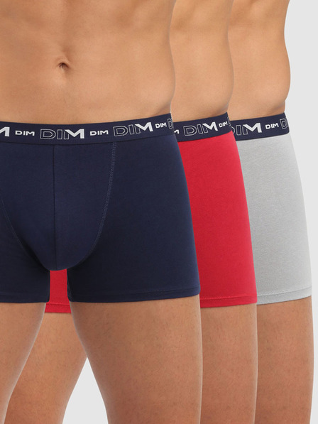 DIM Set de trei chiloți boxeri pentru bărbați în albastru închis, roșu și gri deschis Dim COTTON STRETCH BOXER