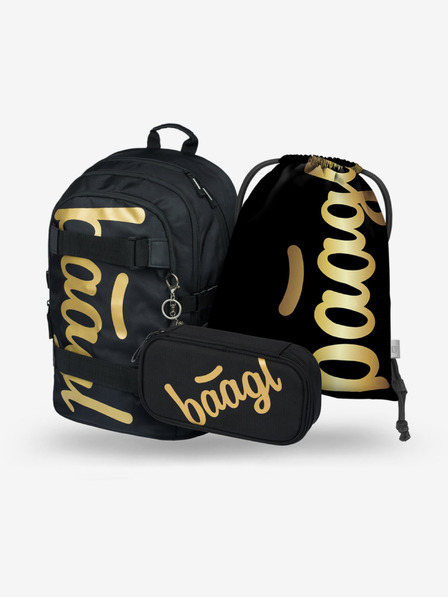 BAAGL  Set școlar negru - rucsac, penar și geantă Baagl Skate Gold