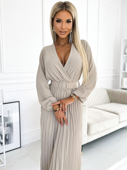 numoco VIVIANA Rochie midi plisată cu decolteu în formă de inimă, mâneci lungi și curea lată - bej Numoco