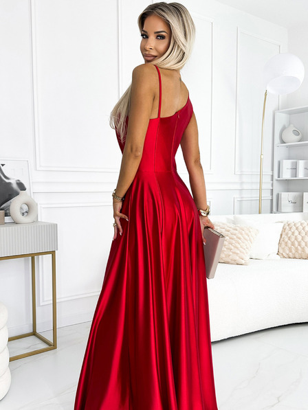 numoco Rochie lungă elegantă din satin cu un singur umăr - roșu Numoco