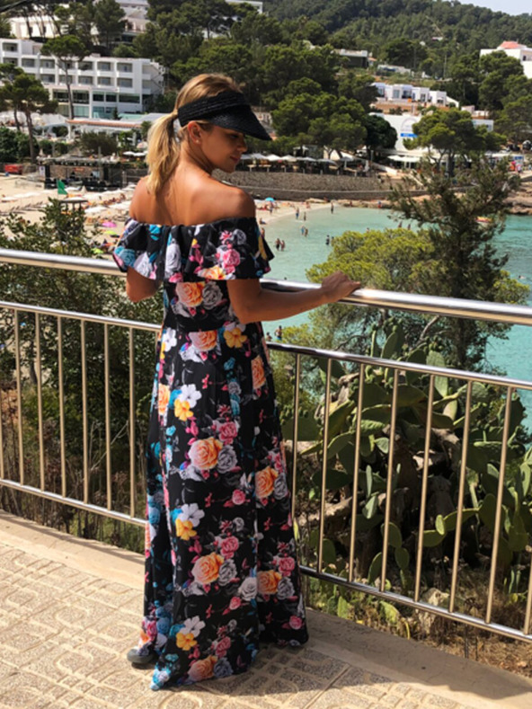 numoco Rochie lungă cu volane - negru + flori colorate Numoco
