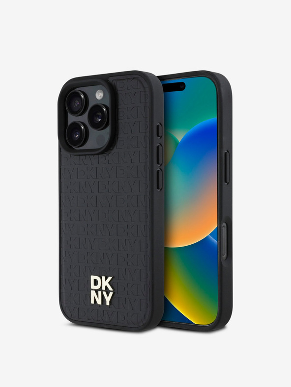 DKNY DKNY PU Leather Repeat Pattern Stack Logo MagSafe Back Cover pentru iPhone 16 Pro Black