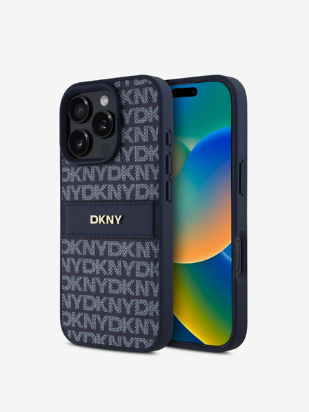 DKNY DKNY PU Leather Repeat Pattern Tonal Stripe Back Cover pentru iPhone 16 Pro Albastru