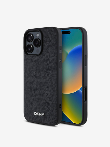 DKNY DKNY PU din piele Silver Metal Logo Magsafe Back Cover pentru iPhone 16 Pro negru