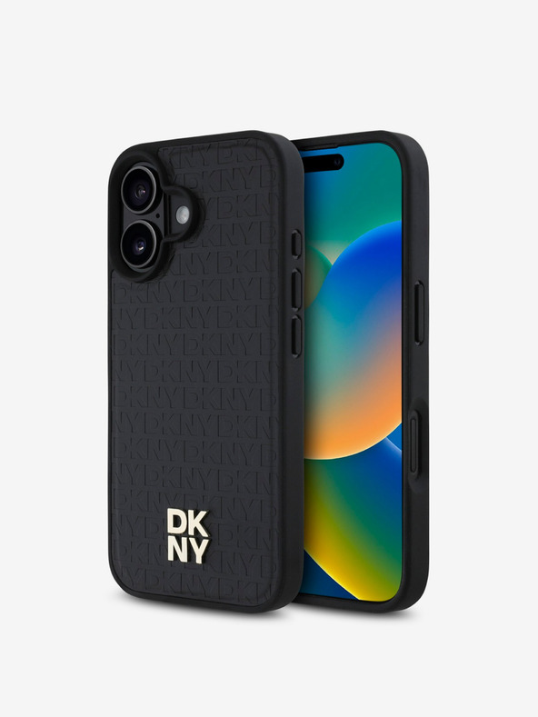 DKNY DKNY PU Leather Repeat Pattern Stack Logo MagSafe Back Cover pentru iPhone 16 Plus negru