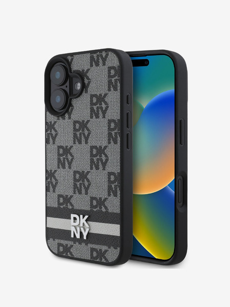 DKNY DKNY PU Leather Checkered Pattern și Stripe Back Cover pentru iPhone 16 negru
