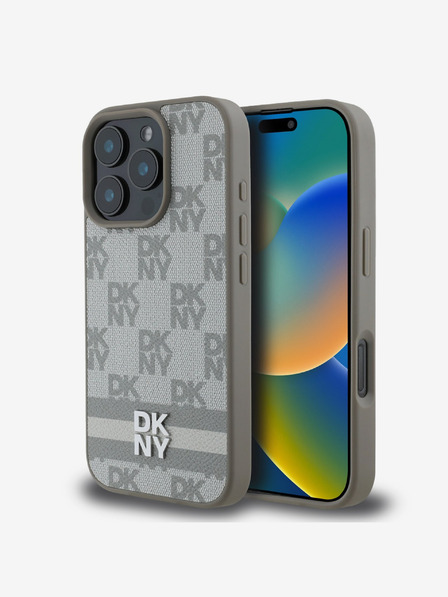 DKNY DKNY PU Leather Checkered Pattern și Stripe Back Cover pentru iPhone 16 Pro Max Bej
