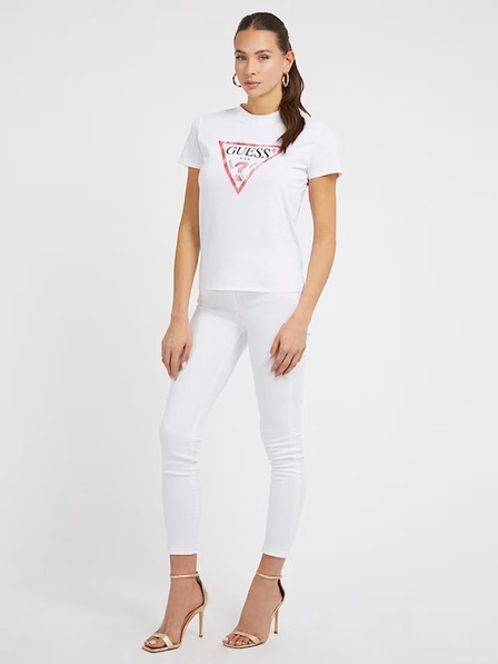 Guess Jeans Tricou alb cu logo mare triunghiular G011 Guess jeans