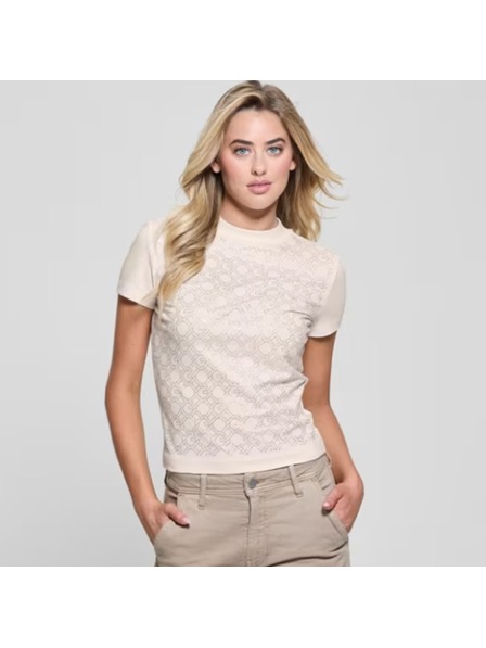 Guess Jeans Tricou damă crem cu imprimeu Guess Jeans
