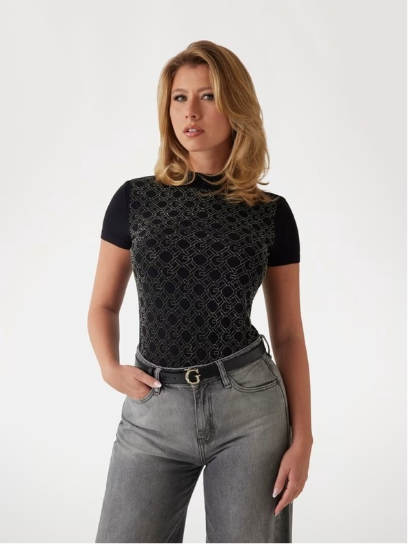 Guess Jeans Tricou damă negru cu imprimeu Guess Jeans