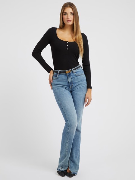 Guess Jeans Tricou damă negru cu mânecă lungă și nasturi Guess Jeans