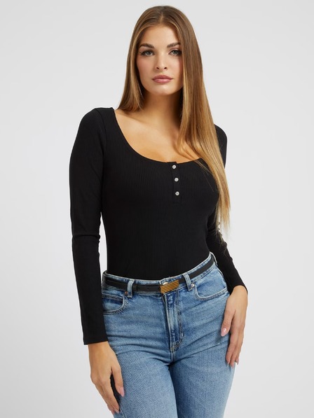 Guess Jeans Tricou damă negru cu mânecă lungă și nasturi Guess Jeans
