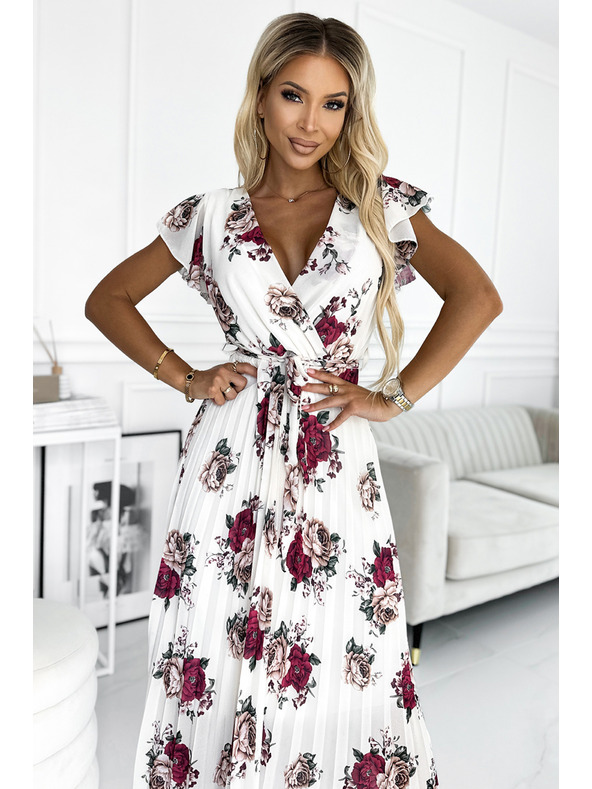 numoco Rochie midi plisată cu decolteu și volane - trandafiri roșu închis