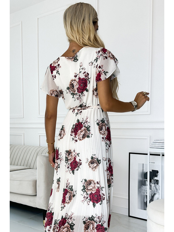 numoco Rochie midi plisată cu decolteu și volane - trandafiri roșu închis