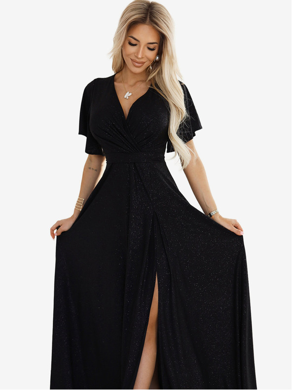 numoco Rochie lungă lucioasă cu mâneci și decolteu pentru femei de culoare neagră Numoco