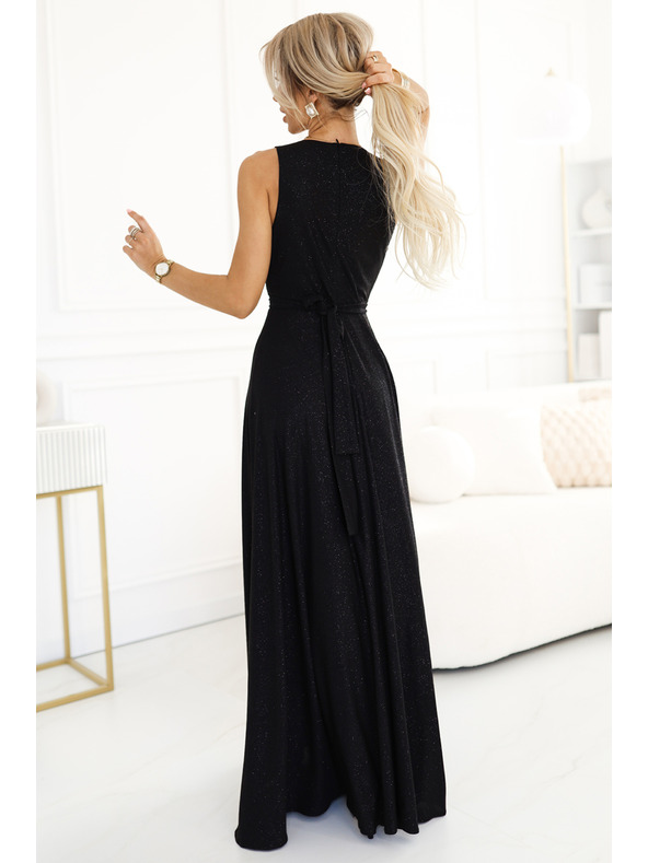 numoco Rochie lungă de damă neagră din satin, cu decolteu și crăpătură Numoco