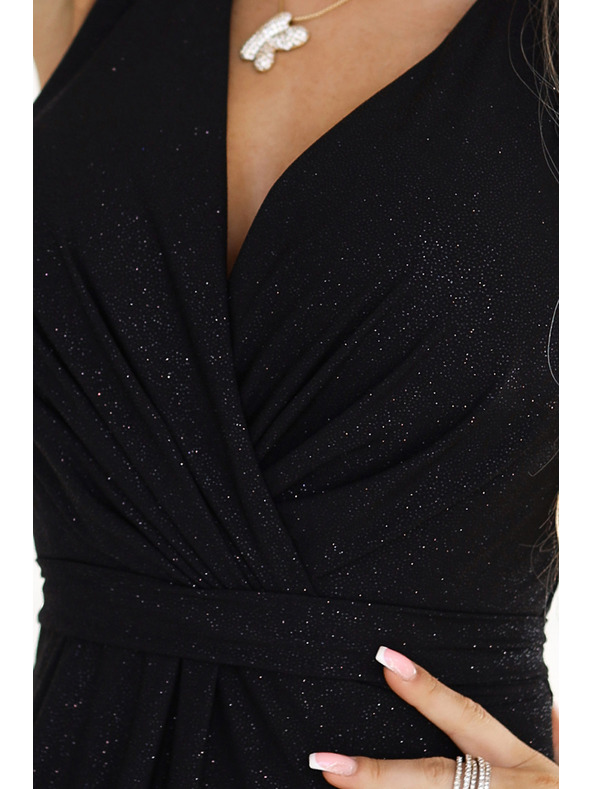 numoco Rochie lungă de damă neagră din satin, cu decolteu și crăpătură Numoco