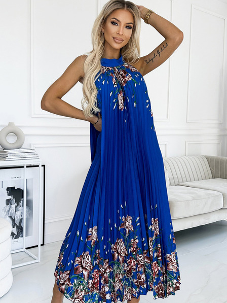 numoco Rochie maxi plisată din satin - albastru cu flori Numoco ESTER