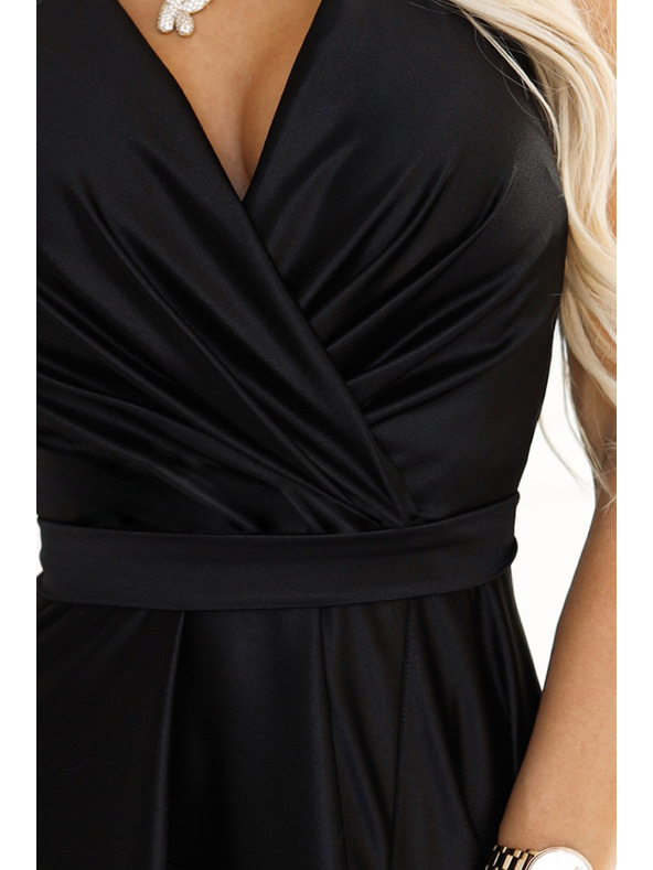 numoco Rochie lungă de damă neagră din satin, cu decolteu și crăpătură Numoco