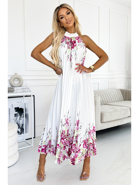 numoco Rochie maxi plisată din satin - alb cu flori roz Numoco ESTER