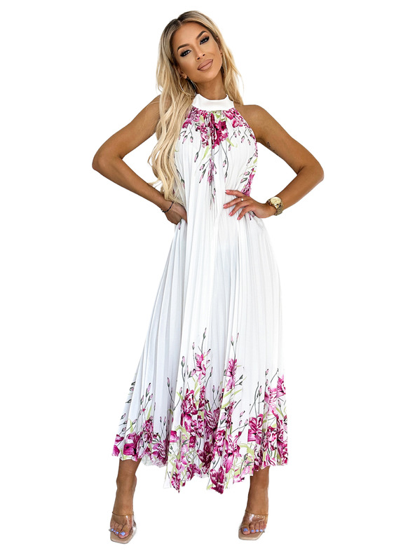 numoco Rochie maxi plisată din satin - alb cu flori roz Numoco ESTER