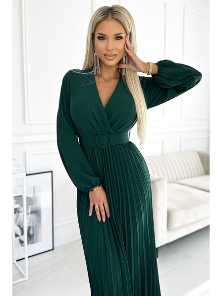 numoco VIVIANA Rochie midi plisată cu decolteu scoop, mâneci lungi și curea lată - verde Numoco